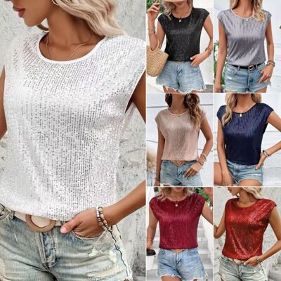 Round neck sleeveless top sequined vest 圆领无袖上衣亮片背心