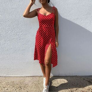 露背波点吊带连衣裙女 Backless polka dot suspender slit dress