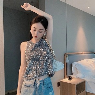 bling slim sequin top银色闪闪收腰上衣亮片大码背心舞台演出女