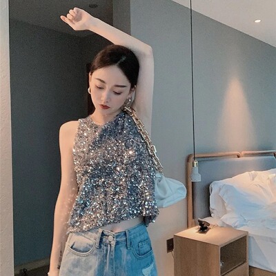 bling slim sequin top银色闪闪收腰上衣亮片大码背心舞台演出女