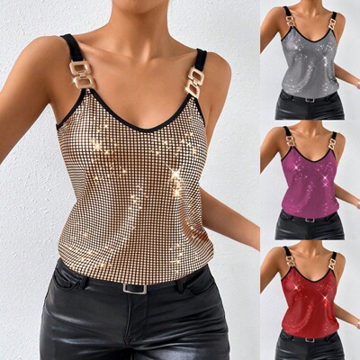Sexy sequin camisole backless top women 性感亮片吊带露背上衣