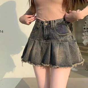 Retro pleated skirt denim skirt women 复古百褶裙牛仔半身裙女