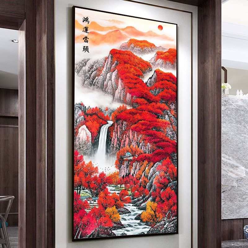 人工绣好的十字绣成品鸿运当头流水生财新款客厅T玄关竖版风景挂