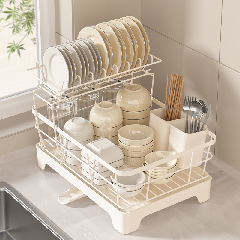 沥水碗架家用碳钢放碗碟收纳架厨房置物架筷O子筒双层碗盘沥水架