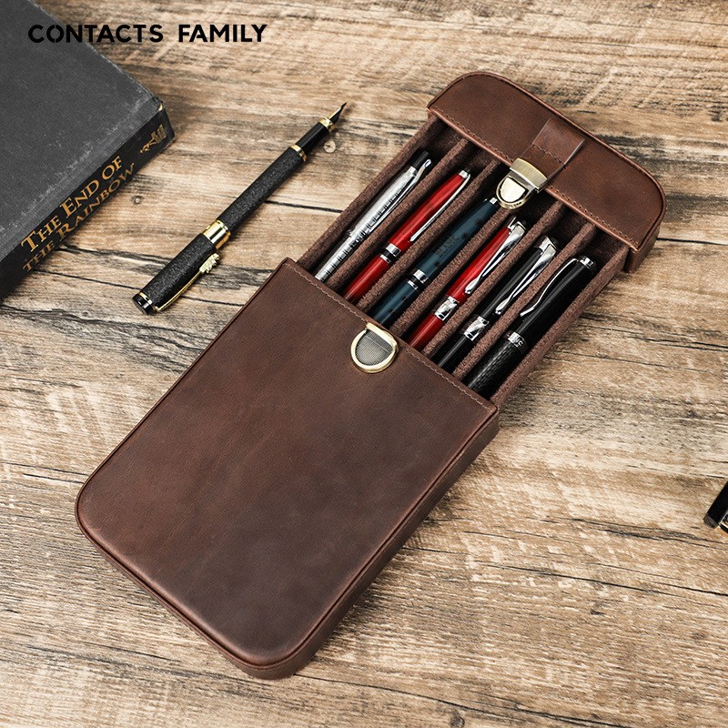 复古疯马牛皮真皮质钢笔收纳盒手工制F6支装旅行便携锁扣抽拉包袋