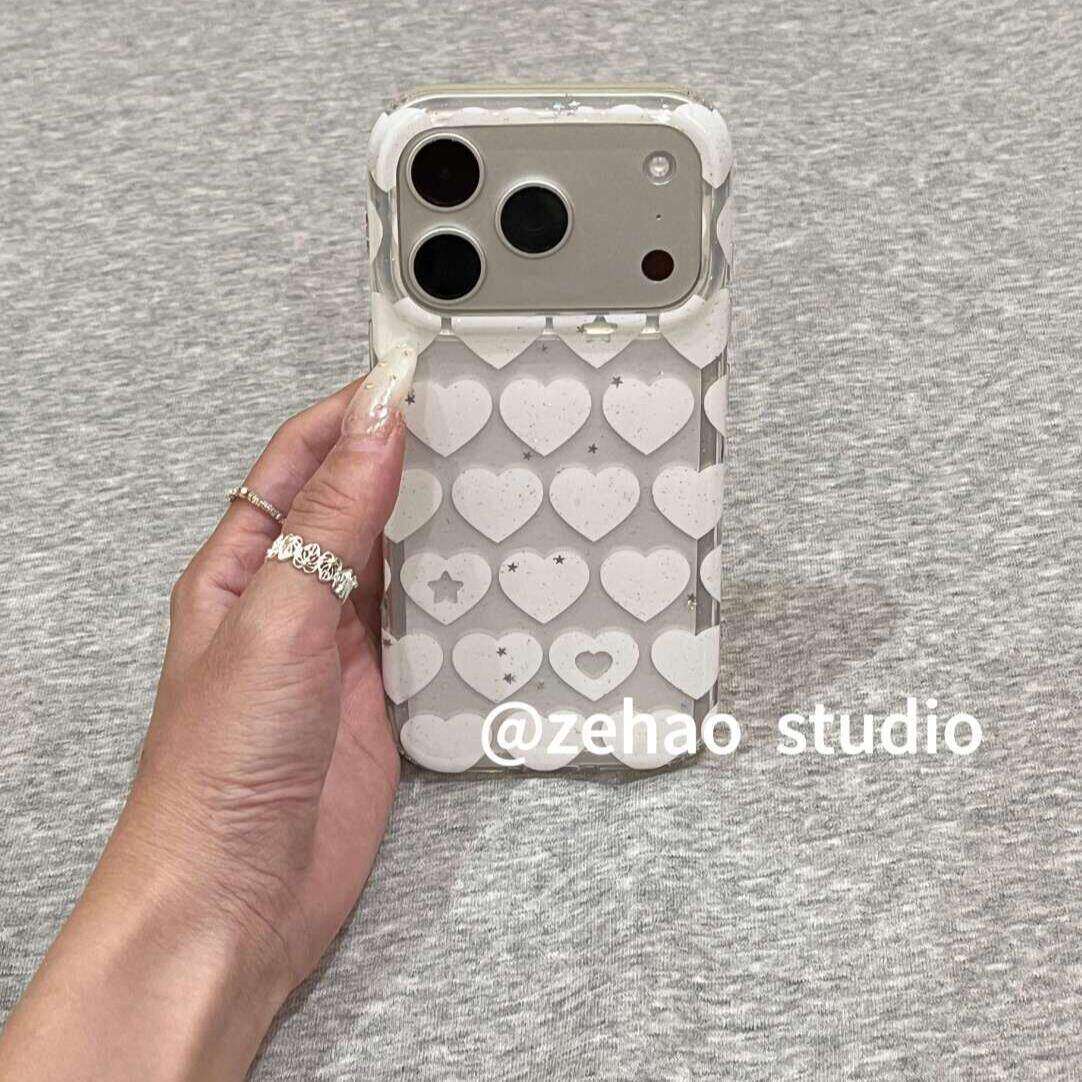 细闪透明满屏白爱心适用于iphone17Promax苹果17pro手机壳新款16promax/15promax全包14x保护套