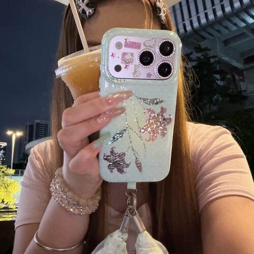 ins风韩系薄荷绿波点闪钻百合花藤适用17ProMax手机壳苹果iphone手机壳17pro少女心手机壳17pro双层imd