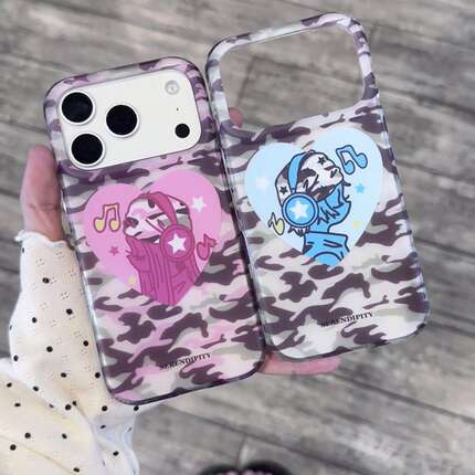 豹纹蓝粉爱心耳机适用苹果17promax手机壳iphone17新款16pm少女15p高级16pro简约15防摔17Pro全包手机套