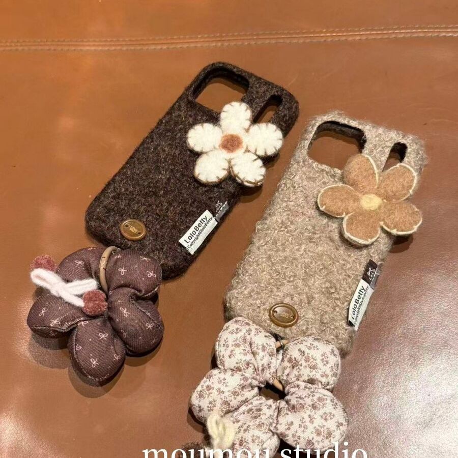 复古ins风立体毛毡花朵适用苹果iphone17promax手机壳16promax少女心15pro防摔14pro保护套13新款17手绳