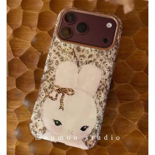 韩系白蕾丝豹纹可爱小兔适用iPhone18promax手机壳独特超火苹果18Pro新款15全包16pm防摔17女17Pro小众巨好看