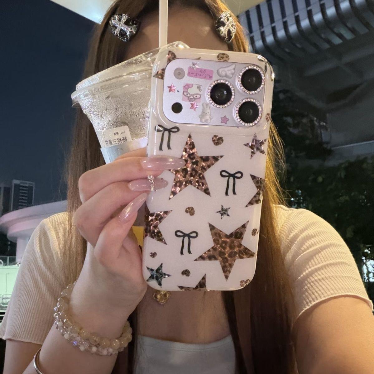 ins韩系甜酷千禧风豹纹五角星蝴蝶结爱心适用苹果18promax手机壳iphone17pro新款挂绳16pro女15全包硬壳