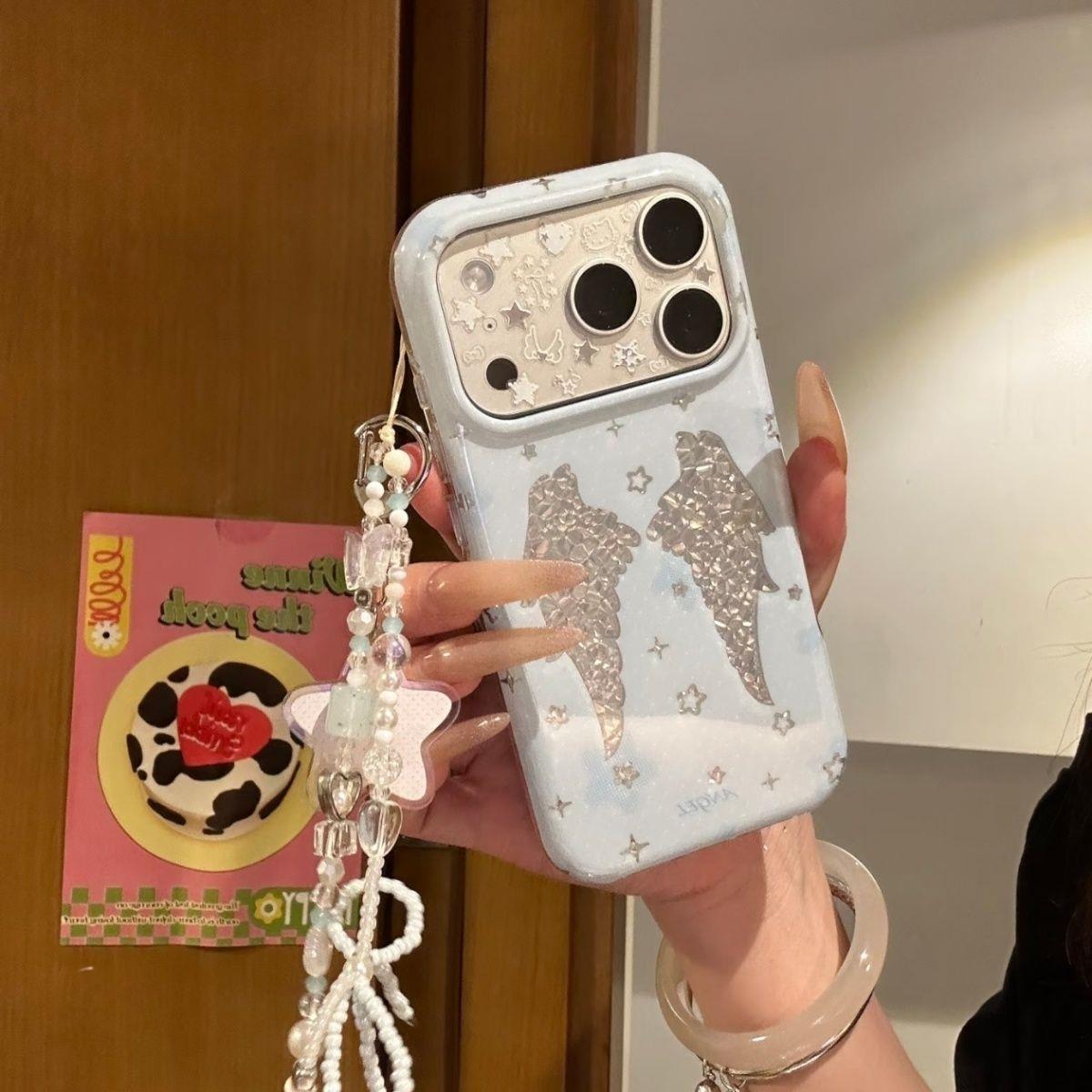 奶蓝钻石星星翅膀适用苹果17promax手机壳iphone17新款16pm少女15p高级16pro手链15防摔17Pro全包保护套