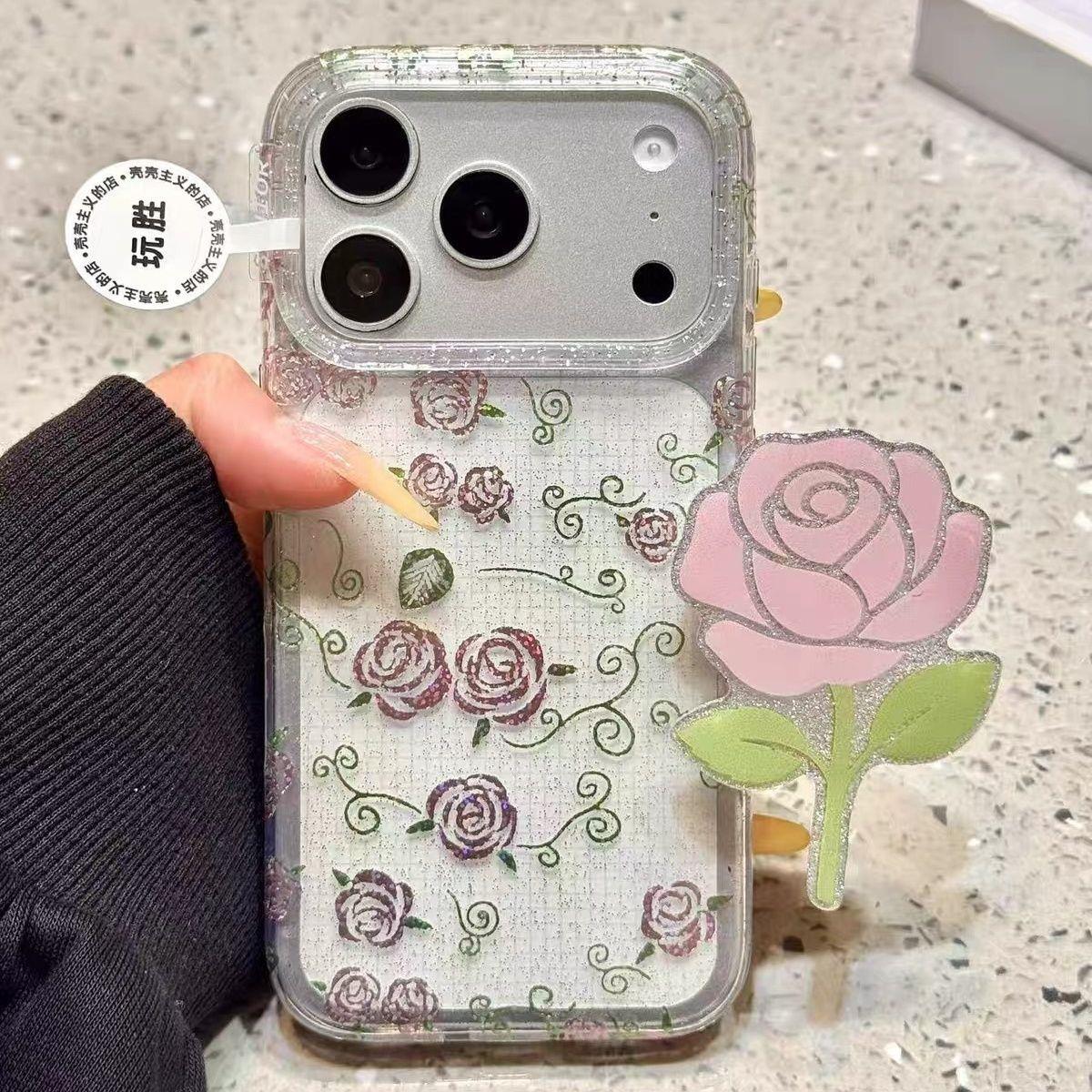 韩系ins闪粉创意玫瑰花支架适用苹果17promax手机壳iphone16新款15pro小众15少女心17Pro简约16pm防摔保护套