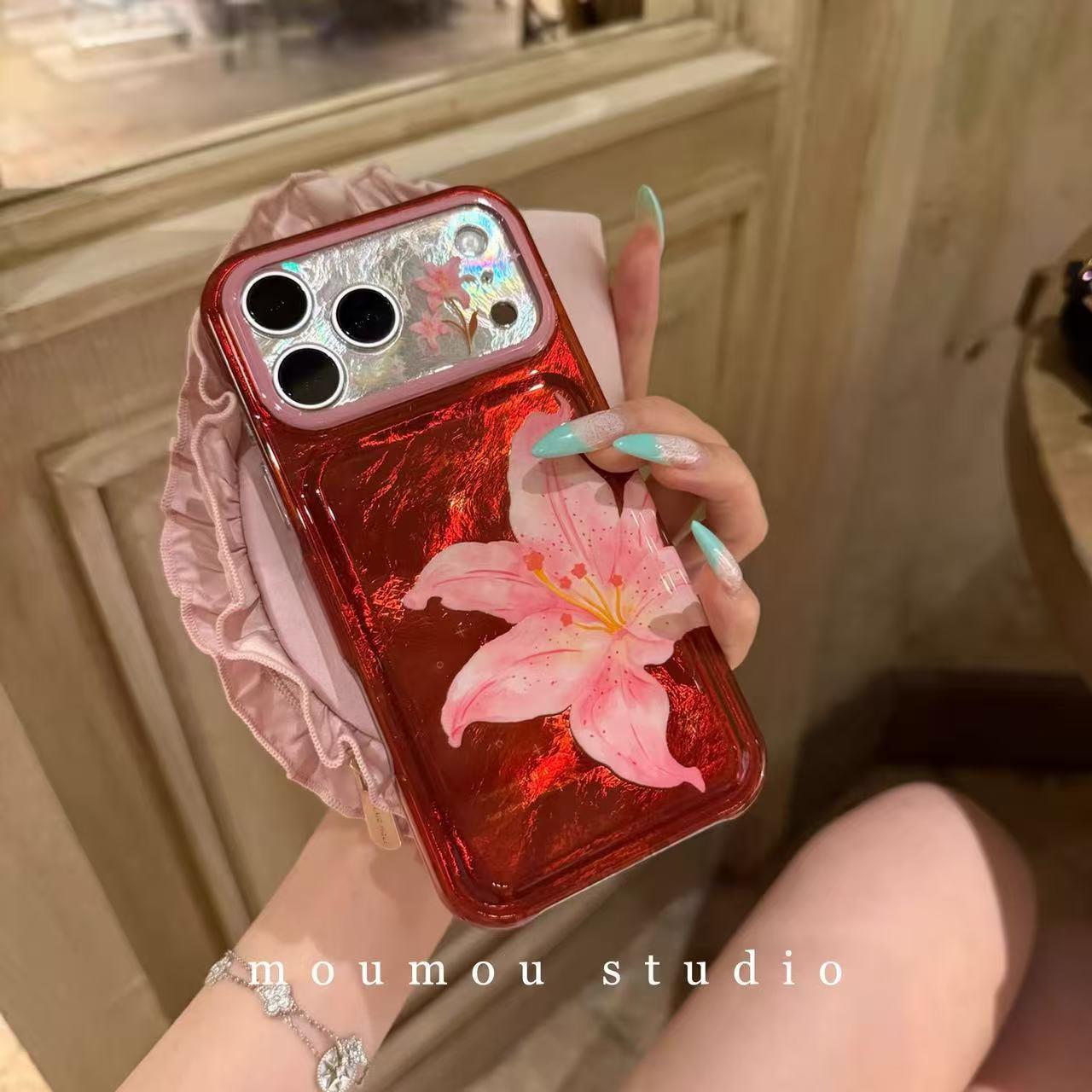 复古感红色锡纸百合花适用iPhone18promax手机壳15新款17pro网红女款13创意全包防摔18pro超好看17保护套