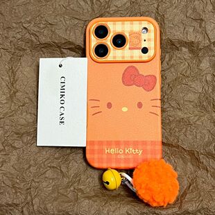 萌系可爱橙色格纹打电话猫咪适用于iphone17promax苹果16手机壳15可爱卡通童趣创意新款防摔