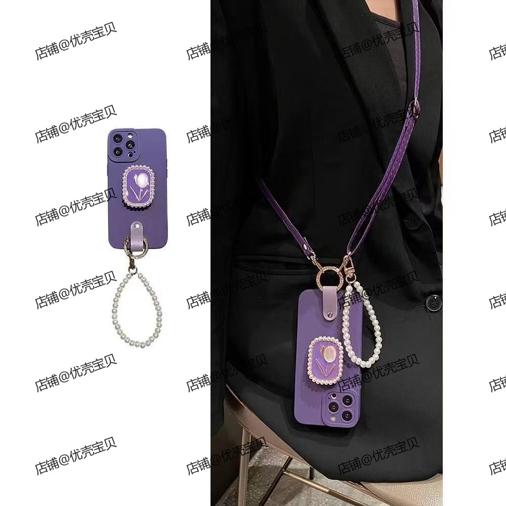 唯美ins暗紫色郁金香支架适用苹果16pro/15手机壳iphone13斜挎12/11全包硅胶14pro高级感14手链xsmax女款xr/8