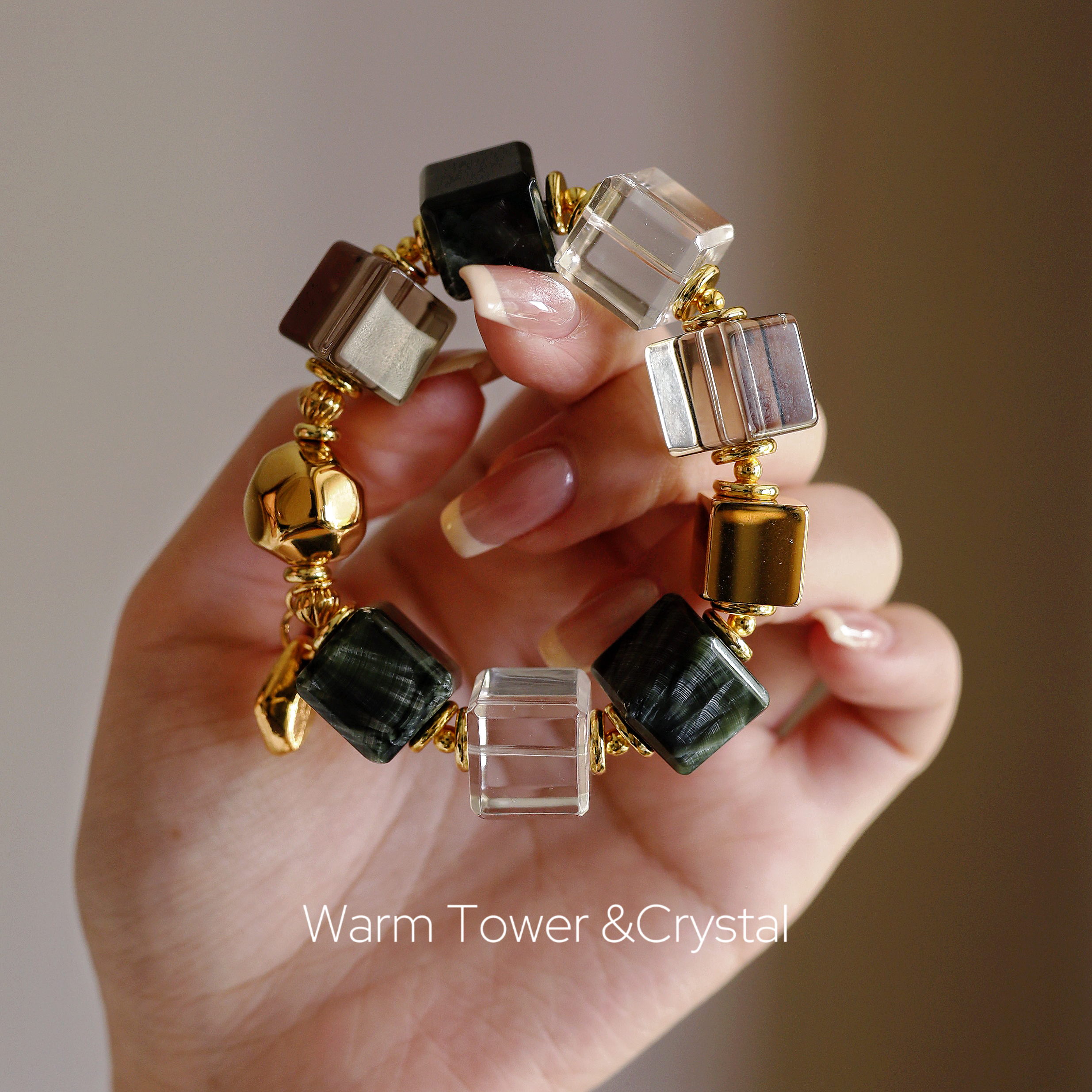 暖塔原创设计师款《青丘谣》绿龙晶烟晶白水晶方糖水晶手串手链女