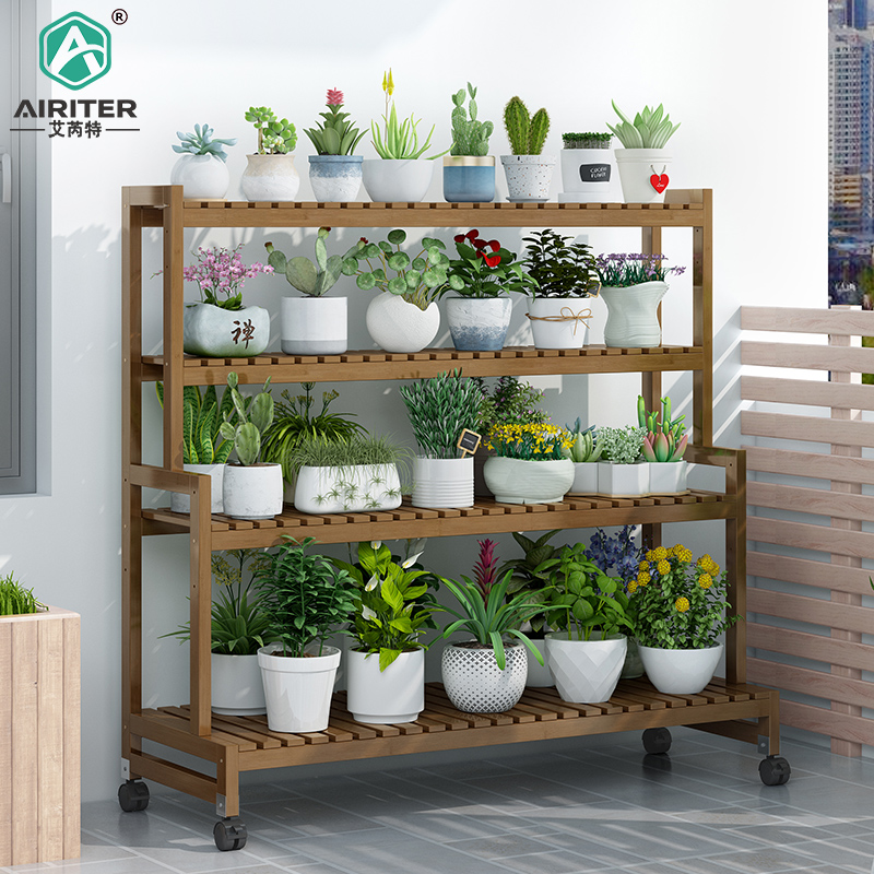 速发可移动带轮花吊置物架台室内落地式花盆兰多层实木竹架架多肉