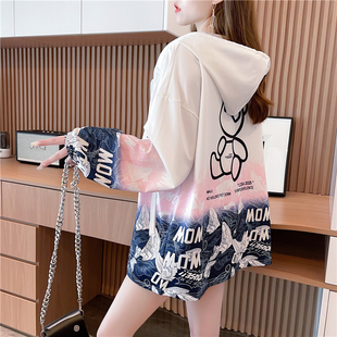 速发2022春秋新款渐变大款开衫连帽卫衣外套薄码宽松洋气休闲上衣