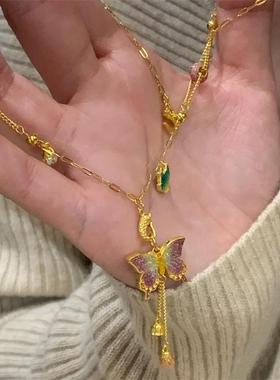 庄周梦蝶高温烧蓝冰透粉绿蝴蝶项链精致梦幻高级感气质毛衣链礼物