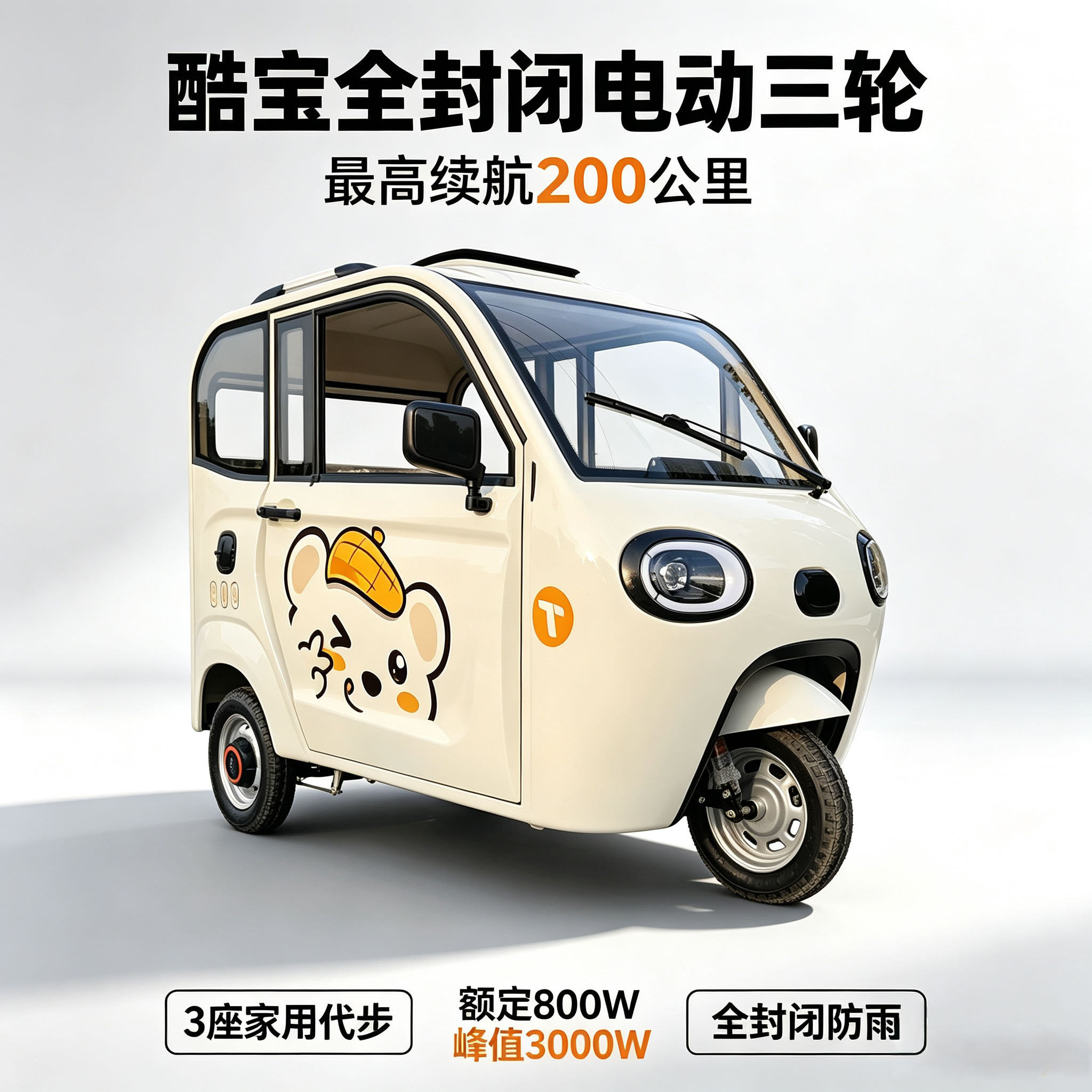 酷宝全封闭电动三轮车成人3座家用代步车大功率载人接送新国标图片