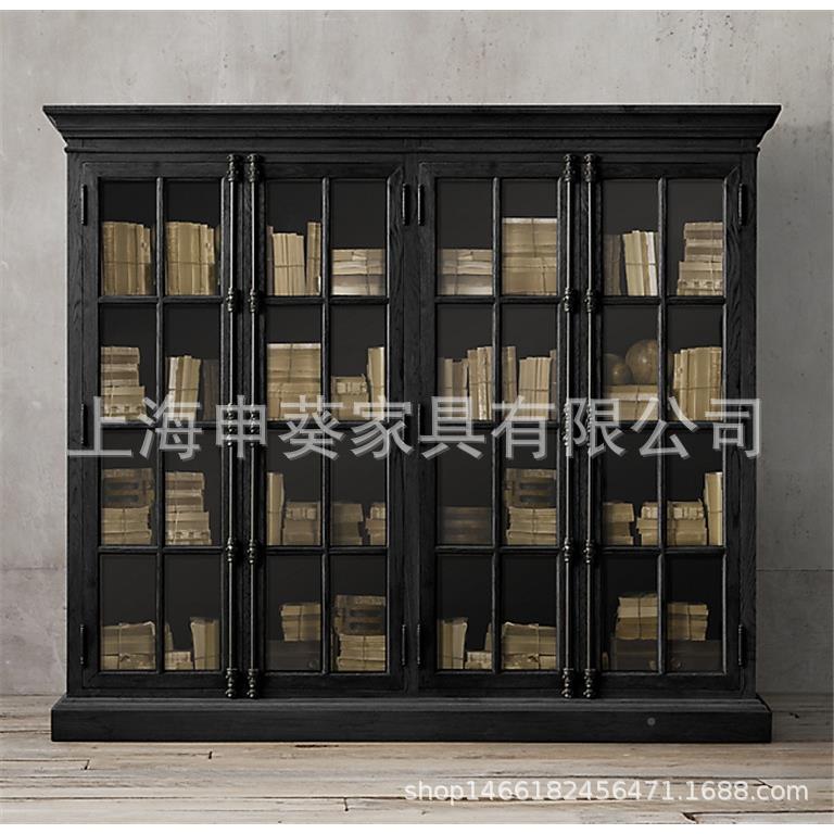 式古旧四美门做实木书柜天地锁橡0木书橱储物柜别墅样板复房家具
