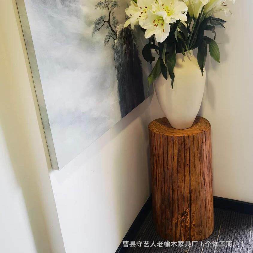 座原木墩风化老榆木木墩根雕凳茶台ING底实木老子树墩架花树桩矮
