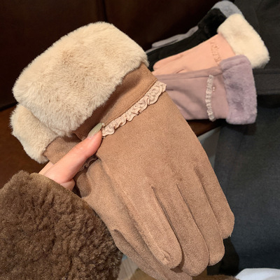高级感麂皮绒复古骑行手套女士冬季加厚保暖防寒户外防风骑电动车