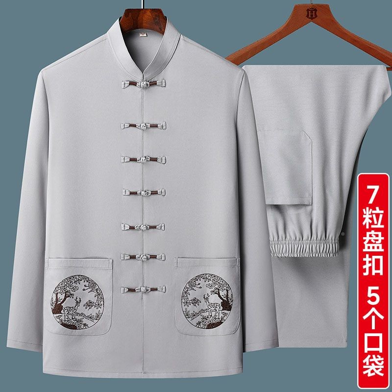 夏唐装男长袖装薄款中国汉风男装爸爸服爷爷夏套PQP装中老年季人