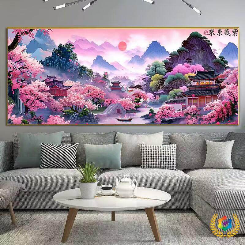 ?紫气东来旭日东升十字绣新款客厅书房线绣自己绣满绣风景十字绣