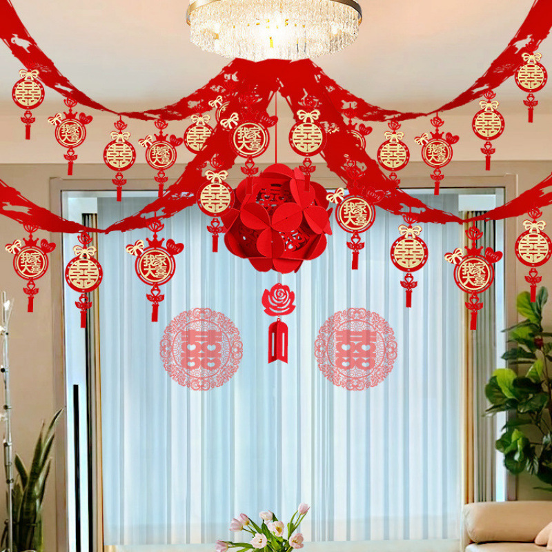 婚礼卧室房间吊顶房顶拉花结婚婚房布置套装新房客厅装饰男方女方