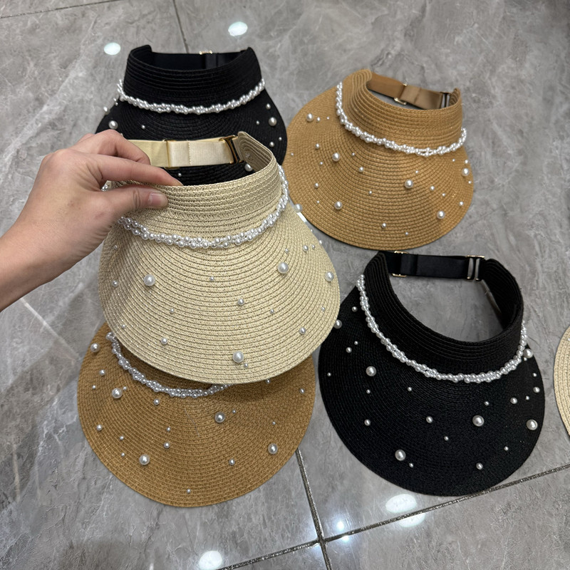 春夏轻薄款珍珠链草编空顶帽女海边遮阳休闲无顶帽透气网红小众潮