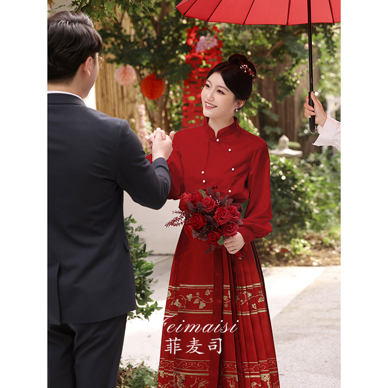 速发中式马面裙敬酒服202新款新娘酒红色套装旗袍小个子婚服订婚