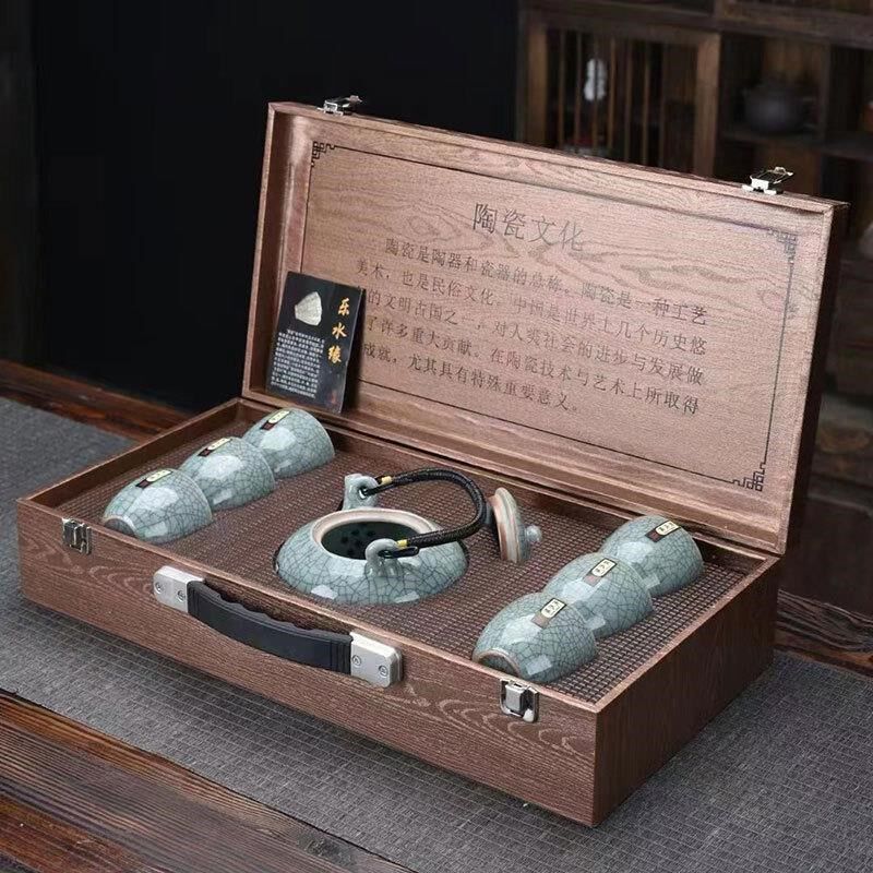 速发哥窑冰裂提梁壶功夫茶具简约家用客厅大容量泡茶壶陶瓷套装LO