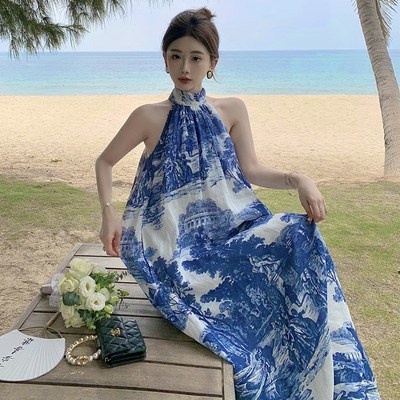 速发国风复古挂脖露背无袖连衣裙海南三亚度假A字印花设计感宽松