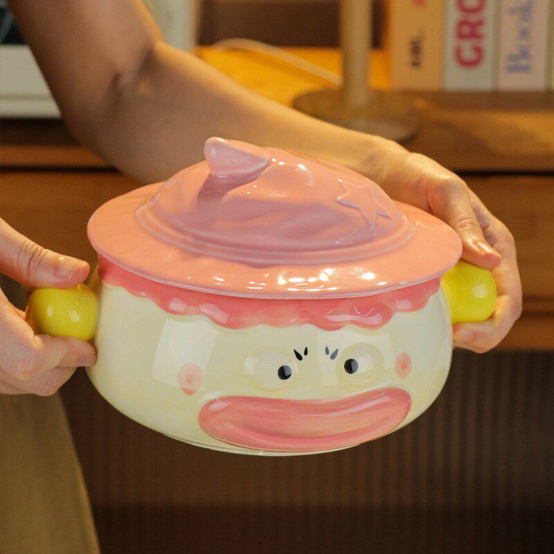 速发泡面碗宿舍学生带盖大容量陶瓷饭碗可爱带餐具微波炉饭盒双耳