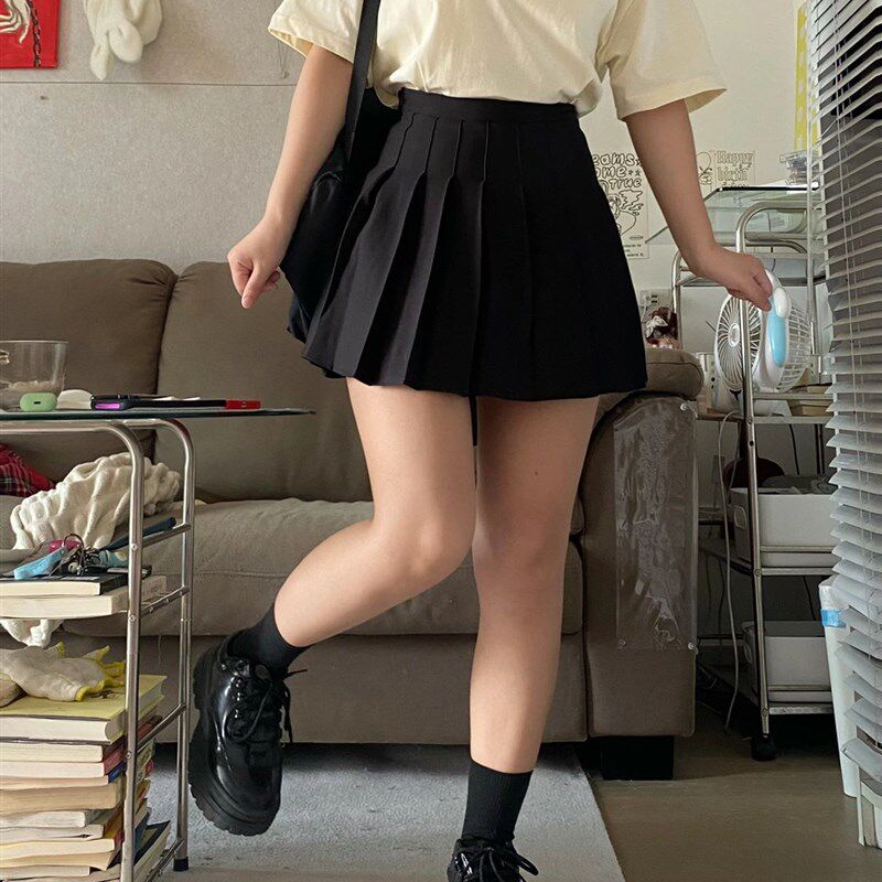 速发学院高腰百褶裙大码A字裙黑色遮胯短裙半身裙