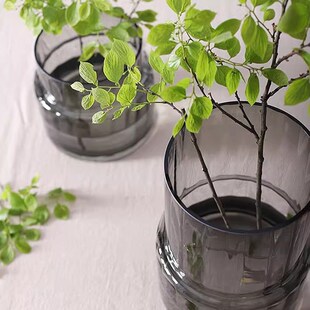 现代轻奢极简玻璃插花花瓶矮胖大口花瓶鲜P花水培大号花器绿色