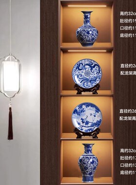 新中式茶室酒店博古架壁柜v高档复古装饰品青花陶瓷器花瓶插花摆