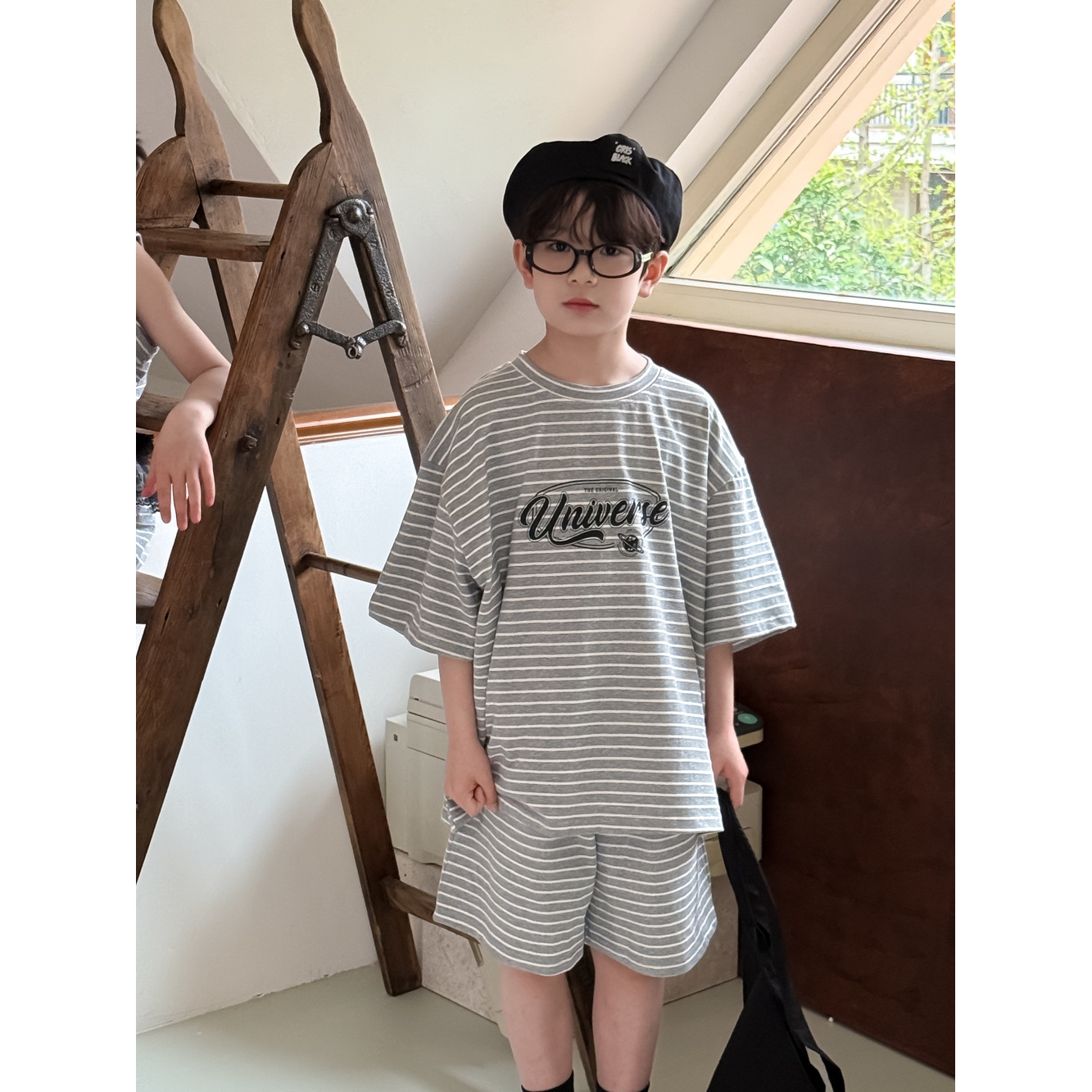 童套装2025夏季男女童韩版条纹字母卫衣裙儿童短袖短裤休闲两件套