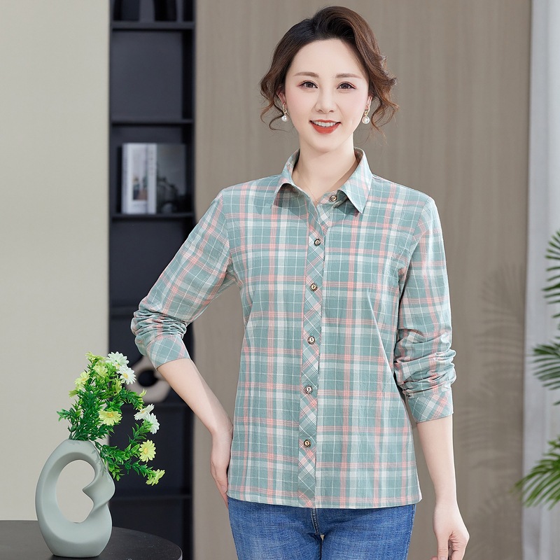 妈妈夏装衬衣长袖新款全棉格子上衣中老年女装春夏季薄款纯棉衬衫