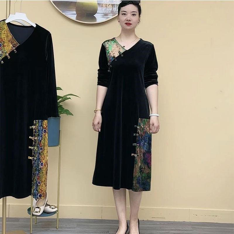 速发丝绒盘扣长袖宽妈装连衣中V领妈松遮肚拼色复古裙长款裙子
