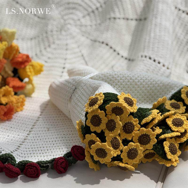 速发成品花束毯子向日葵玫瑰花钩织编织毯花朵毯子盖毯礼物生日in