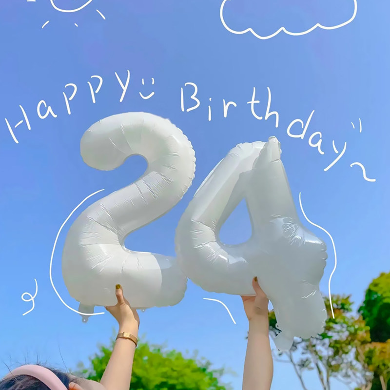 速发大数字生日气球风2寸白0寸置膜4色周岁派对场景布铝拍照道具