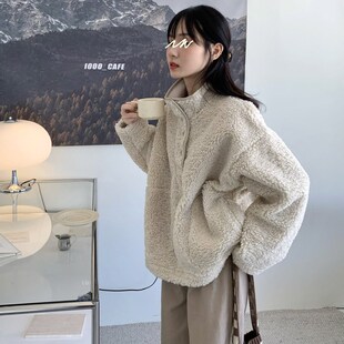 复古仿松加厚保暖上衣 卫长秋冬新款 速发大码 宽羊羔毛立领衣袖