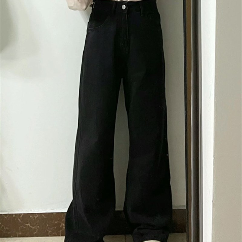 速发黑色直裤牛仔裤早子季小个春加绒宽松阔腿筒高腰直筒长裤子