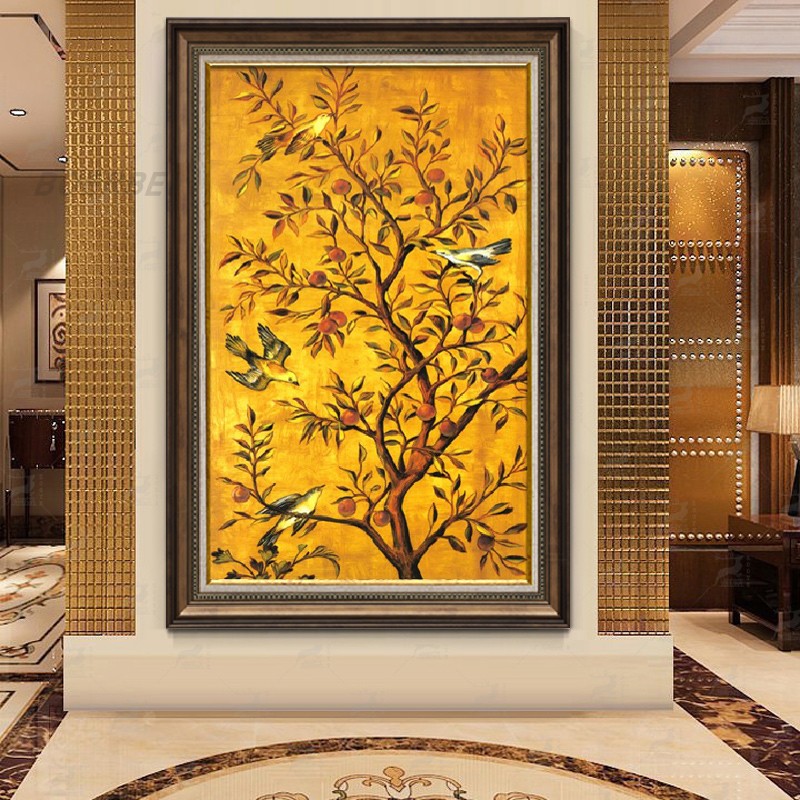 速发美式富关装饰画发财树竖道走廊过版招财寓意油画玄贵吉祥花鸟