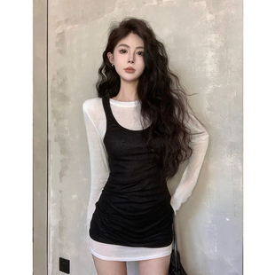 速发早式甜辣套装裙长感长袖中性款t恤背心马甲小众辣妹美秋两件