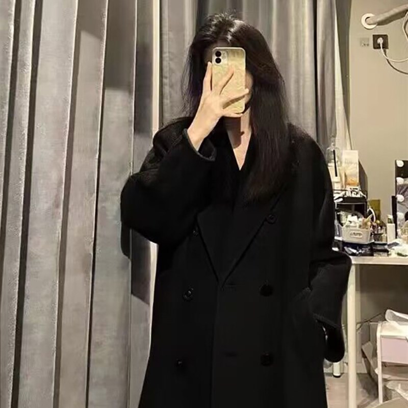 速发黑色套子大衣中级款冬加厚保暖羽绒内胆韩系毛呢外呢高长感