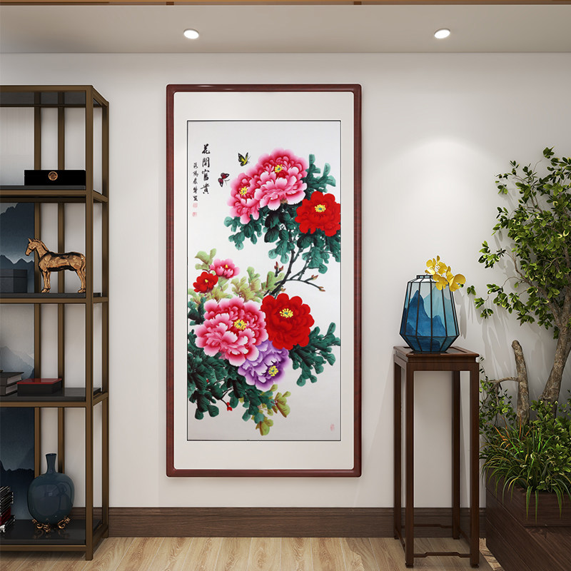 速发手绘国画牡丹花户富贵蝴蝶福满堂中画入开玄关装饰式竖版走廊